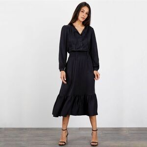 Tucker Juliette Dress Black Winter in Stretch Charmeuse Silk Midi Long Sleeves